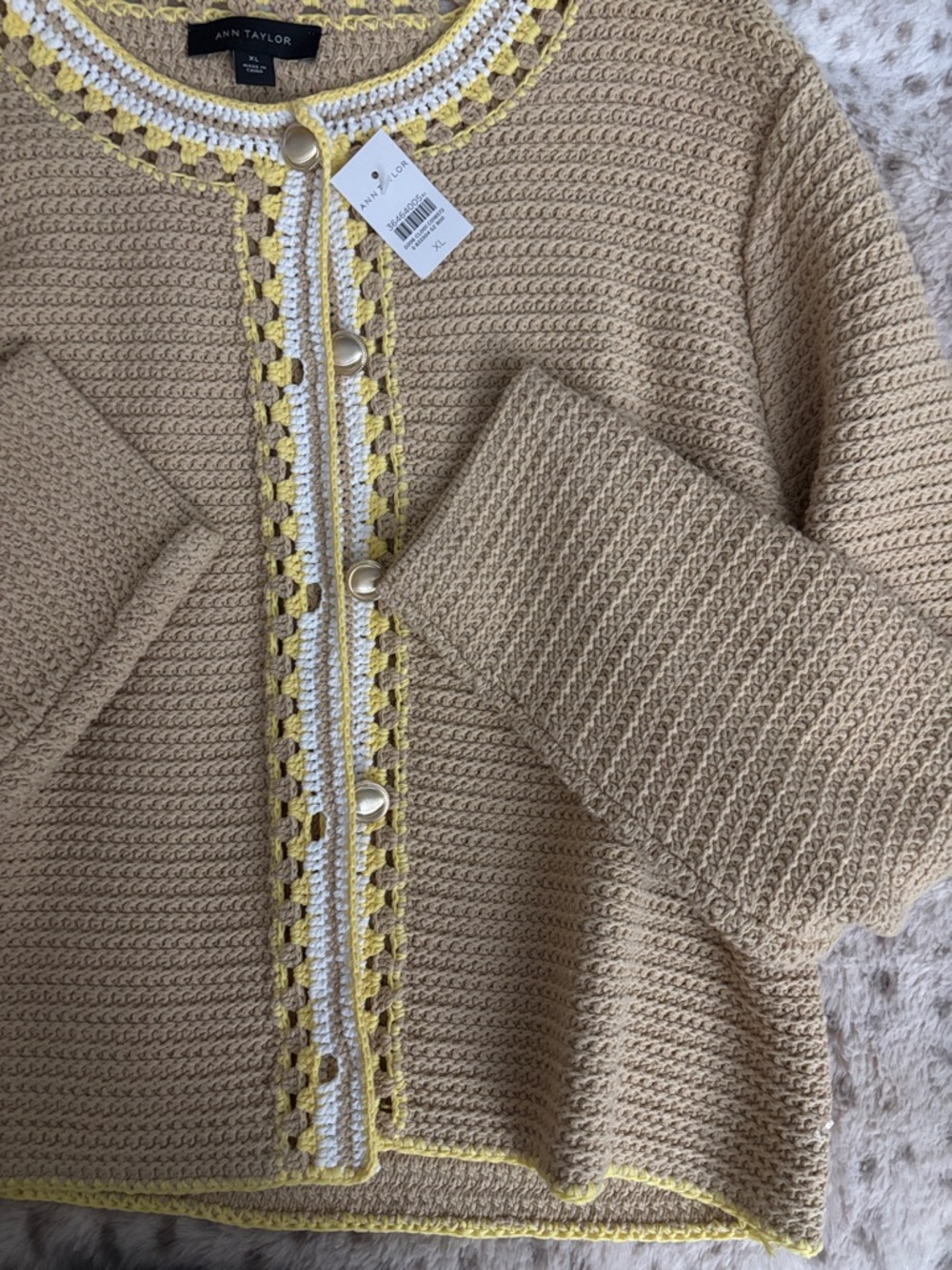 Ann Taylor Beige Crocheted Trim Cardigan with White and Yellow Accents - NWT - Picture 6 of 7